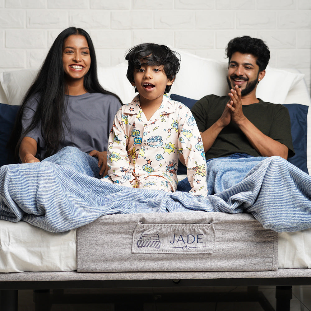 Mom, dad and a kid on Jade adjustable bed